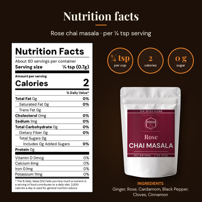 Nutrition facts for Rose chai masala: 2 calories and 0 g sugar per ¼ tsp serving