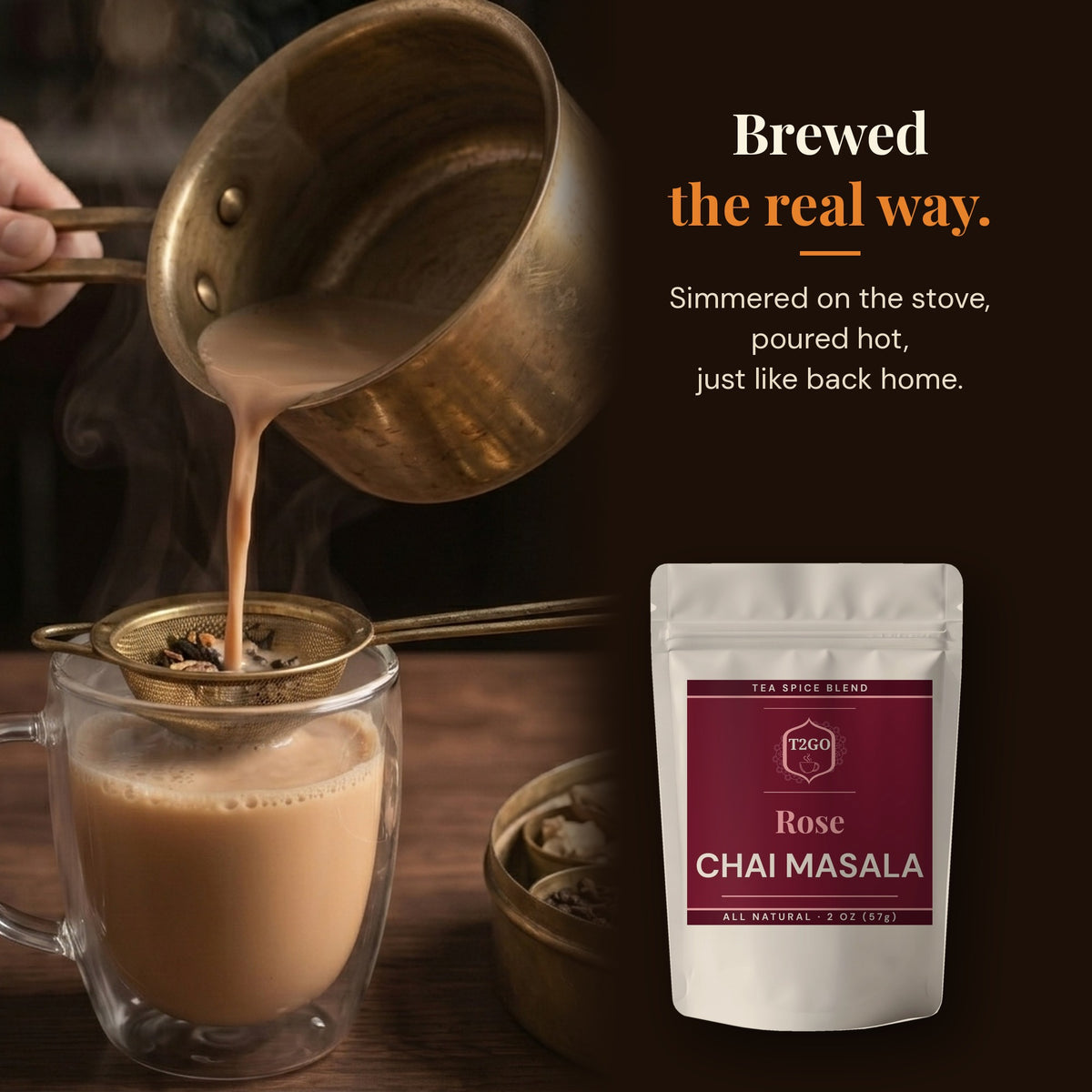 Pouring stovetop masala chai through a strainer, made with Rose chai masala