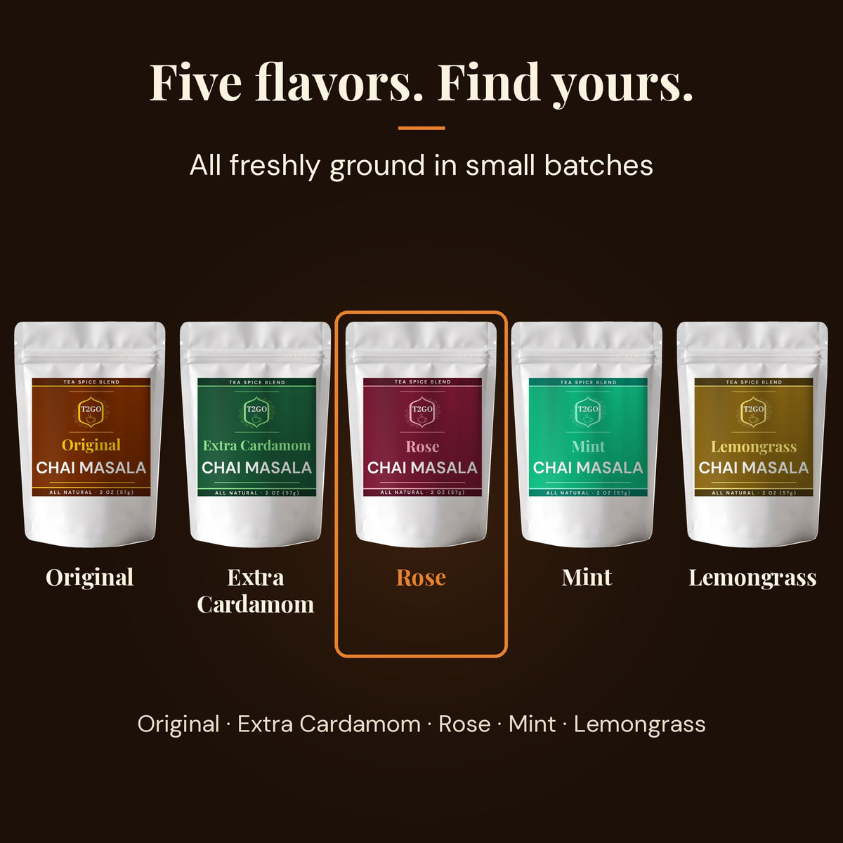 Five chai masala flavors: Original, Extra Cardamom, Rose, Mint and Lemongrass