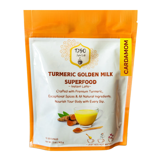 T2GO Turmeric Golden Milk instant latte, cardamom flavor, in a 5 oz orange pouch
