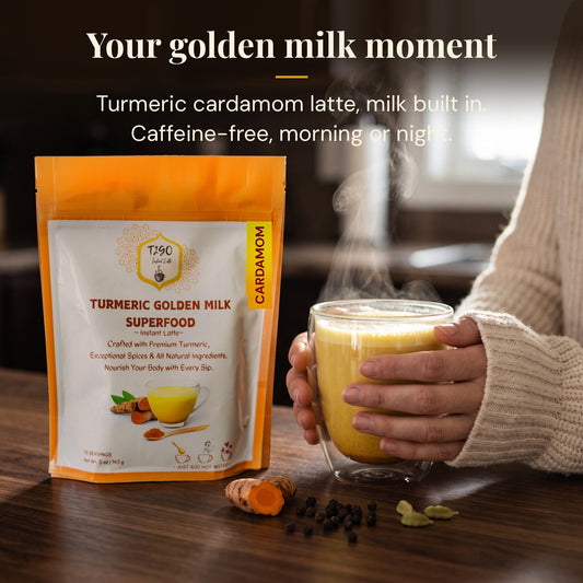 Hands holding a glass mug of turmeric cardamom golden milk latte next to a T2GO pouch
