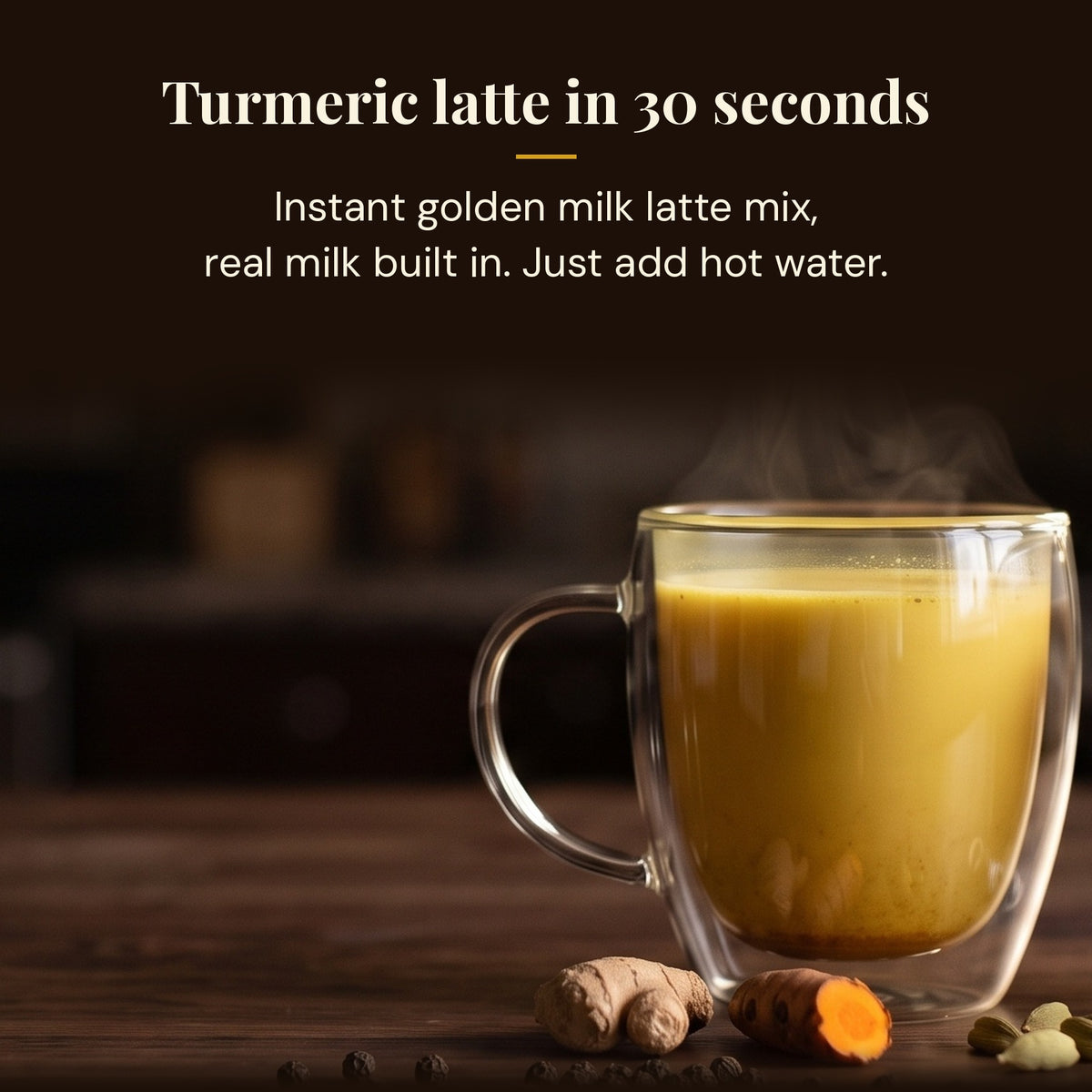 Instant turmeric latte mix with milk built in, ready in 30 seconds
