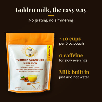 Golden milk made easy: about 10 cups per 5 oz pouch, caffeine-free, milk built in
