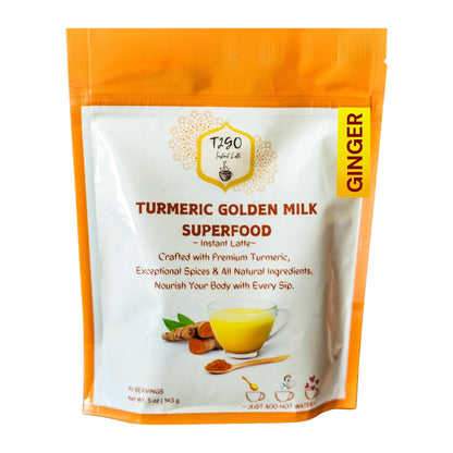 T2GO Turmeric Golden Milk instant latte, ginger flavor, in a 5 oz orange pouch
