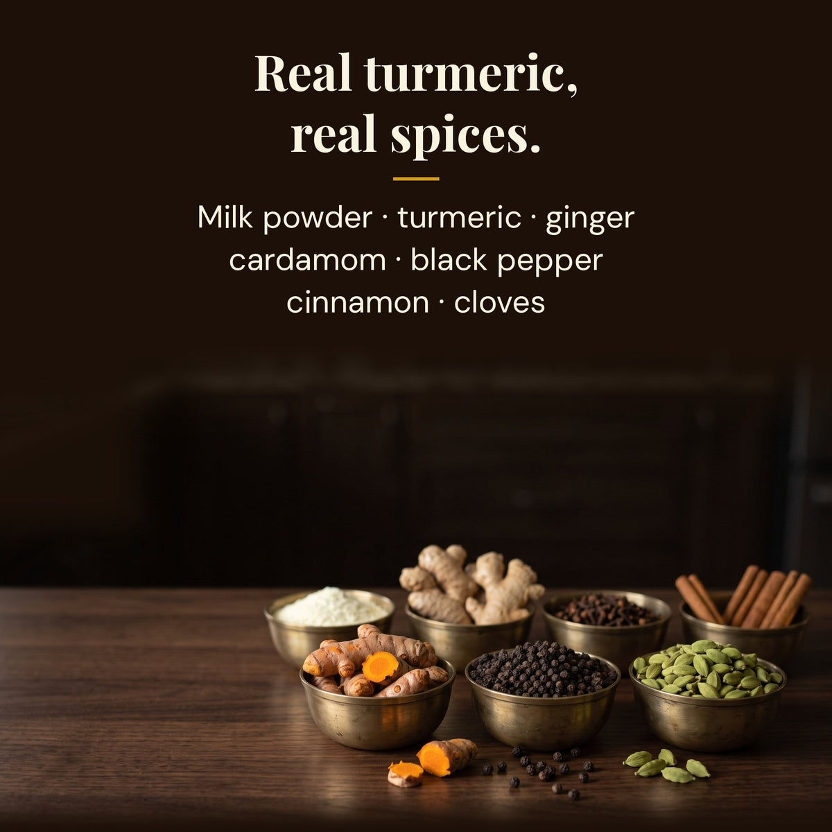 Ingredients: milk powder, turmeric, ginger, cardamom, black pepper, cinnamon and cloves
