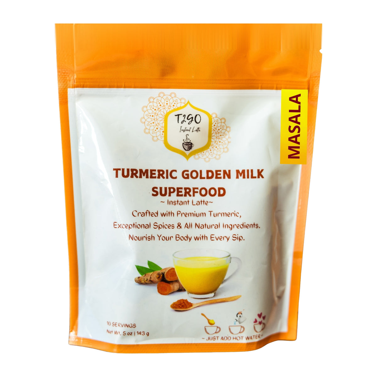 T2GO Turmeric Golden Milk instant latte, masala flavor, in a 5 oz orange pouch
