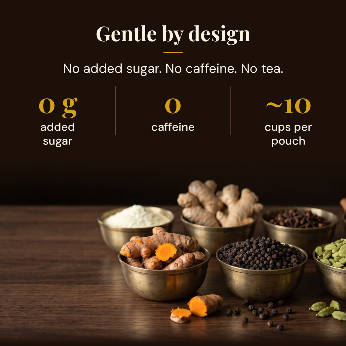 Caffeine-free golden milk with 0 g added sugar and no tea, about 10 cups per pouch
