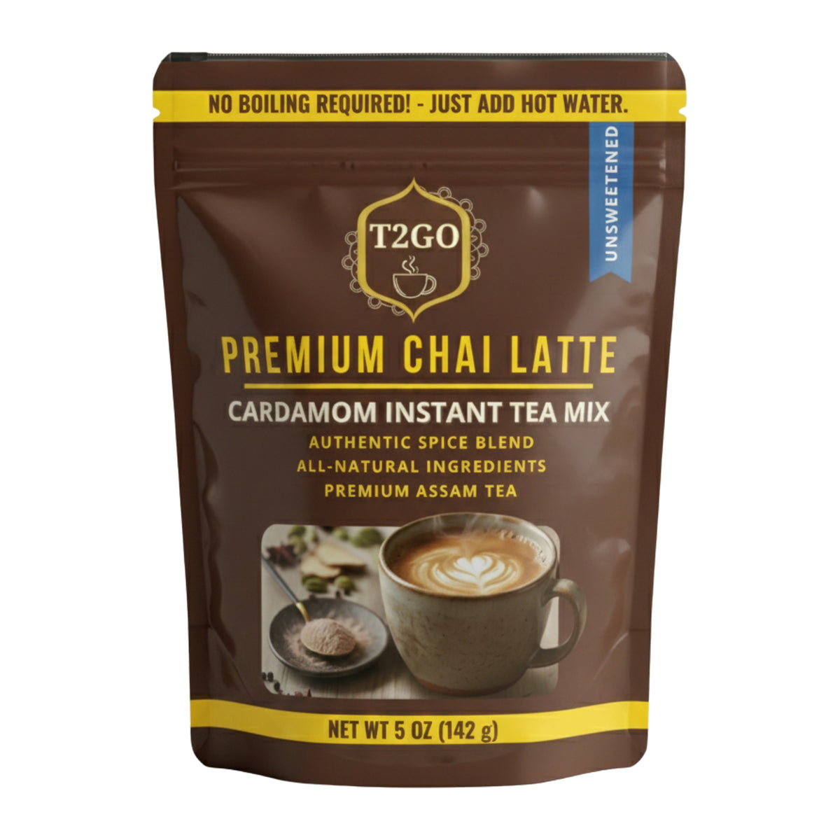 T2GO Premium Chai Latte unsweetened cardamom instant tea mix in a 5 oz brown resealable pouch
