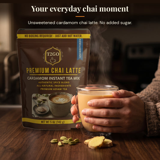 Hands holding a glass mug of unsweetened cardamom chai latte next to a T2GO pouch
