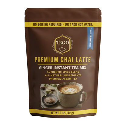 T2GO Premium Chai Latte unsweetened ginger instant tea mix in a 5 oz brown resealable pouch
