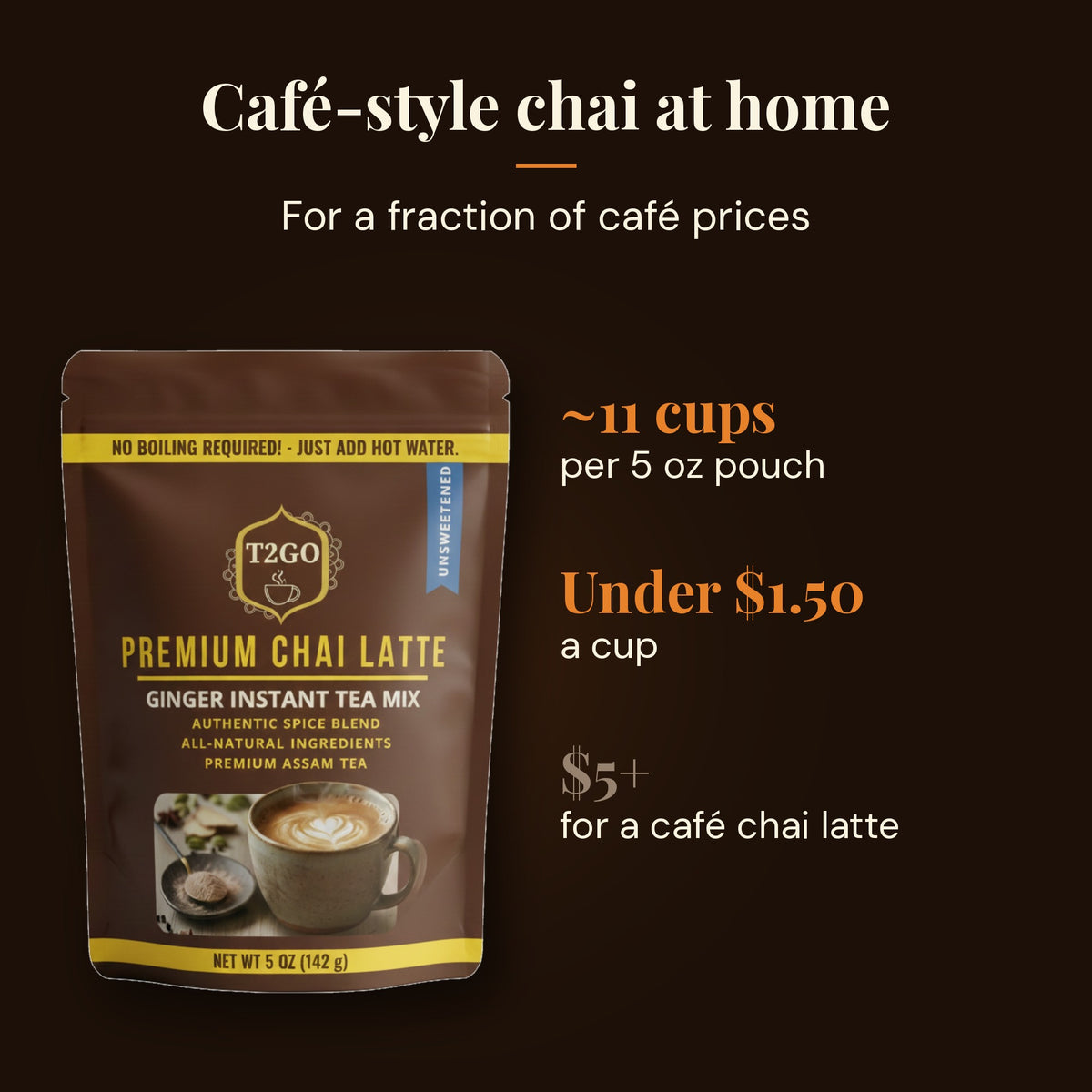 Cafe-style chai at home: about 10 cups per 5 oz pouch, under $1.50 a cup

