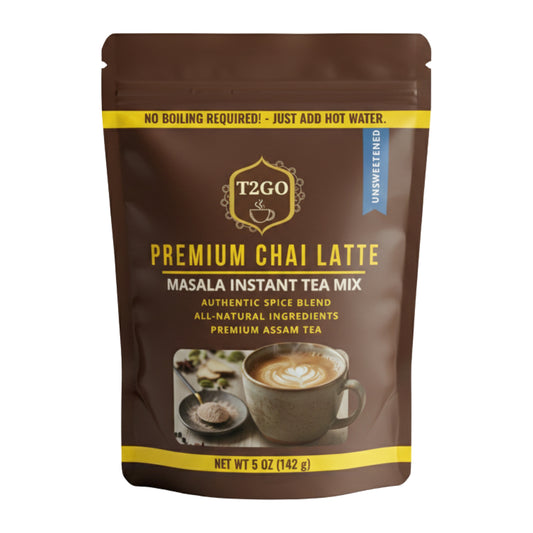 T2GO Premium Chai Latte unsweetened masala instant tea mix in a 5 oz brown resealable pouch
