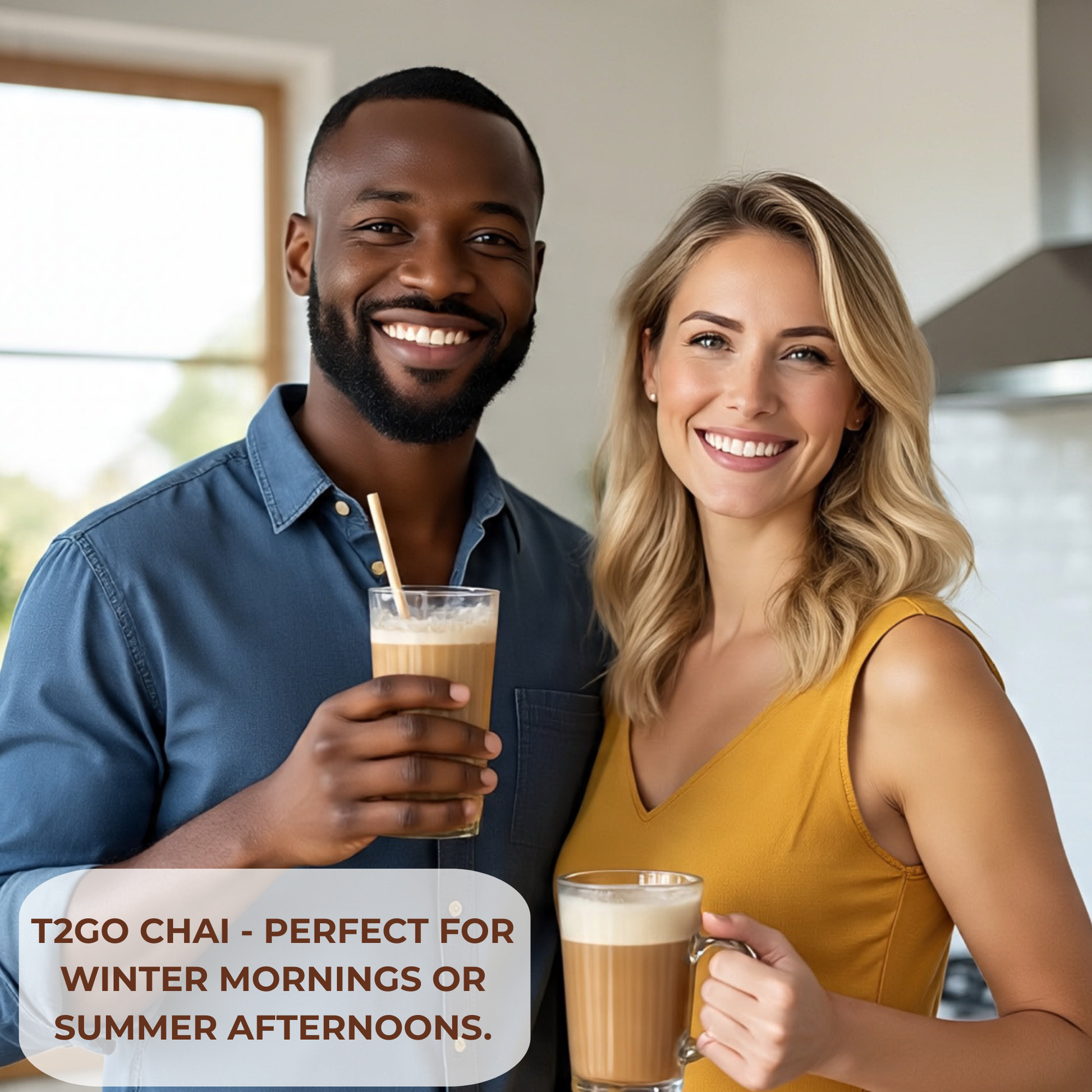 T2GO Unsweetened Cardamom Chai Latte for any season. A man holds a refreshing iced chai with a straw for summer afternoons, while a woman enjoys a steaming hot latte for winter mornings. 100% instant and sugar-free.