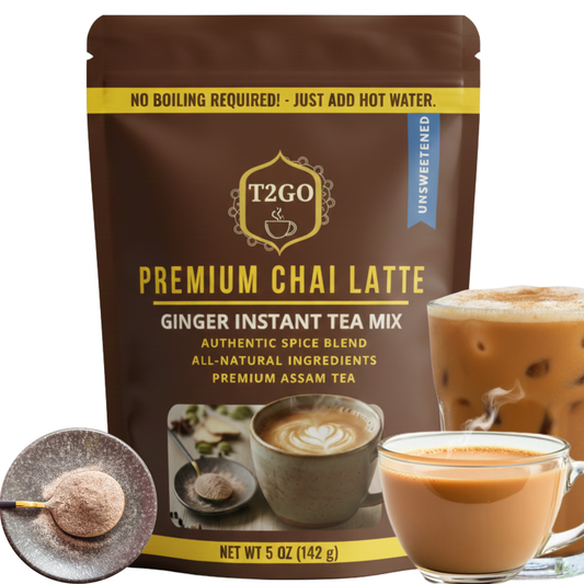 T2GO Unsweetened Ginger Karak Chai Latte mix. Authentic sugar-free Adrak tea powder made with real sun-dried ginger and premium Assam tea. No boiling required—just add hot water for a bold, spicy, and aromatic cup.